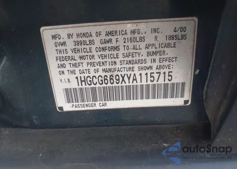 2000 Honda Accord 2.3 Se from USA, damaged, VIN 1HGCG669XYA115715